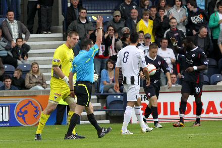 Chris Smith receives yellow card v Raith