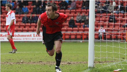 Nick Phinn celebrates scoring v Airdrie