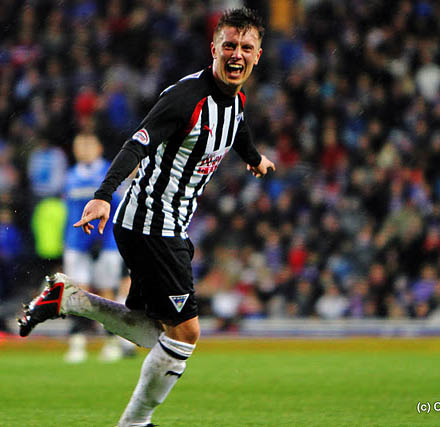 Joe Cardle celebrates another goal at Ibrox