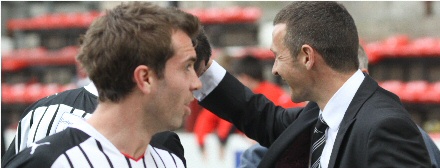 Jim McIntyre congratulates Steven Bell for his hat-trick v Morton