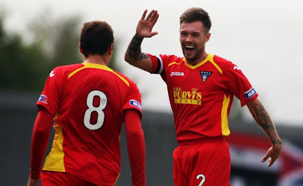 Stephen Husband and Jordan McMillan celebrate second goal v Dumbarton