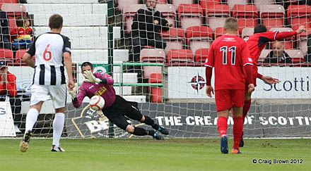 Paul Gallacher saves penalty v Raith