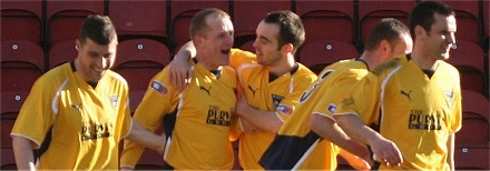 Alex Burke celebrates his goal v Clyde