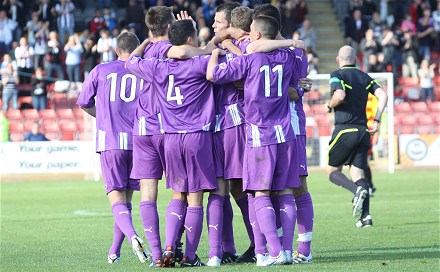 Dunfermline celebrate Pat Clarke`s opening goal at Firhill