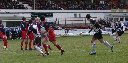 Andy Kirk`s free kick is blocked