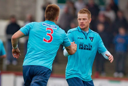 Andy Geggan congratulated by Danny Grainger