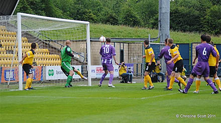 Martin Hardie heads in the Dunfermline goal at Livingston