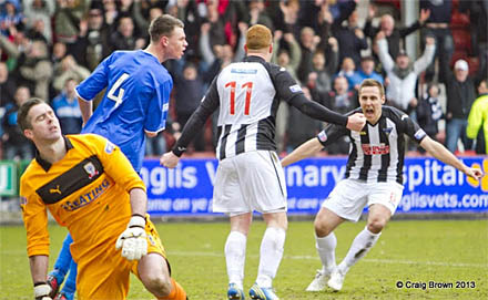 Dunfermlin?e Athletic v Airdrie Irn Bru First Division East End Park 04 May 2013; Ryan Thomson celebrates is goal with Stephen Husband (c) Craig Brown