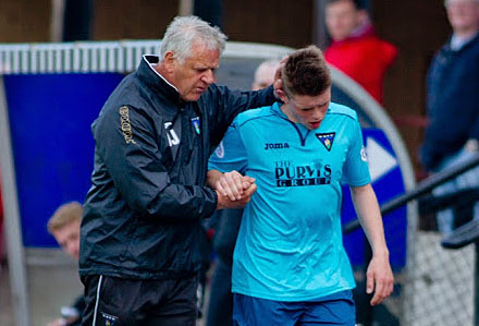 Lewis Spence is congratulated by Jim Jefferies